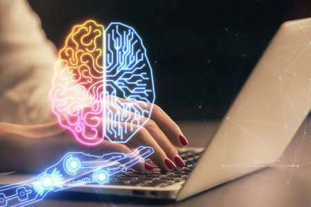 Multi exposure of woman hands working on computer and human brain hologram drawing. Ai tech concept.の写真素材