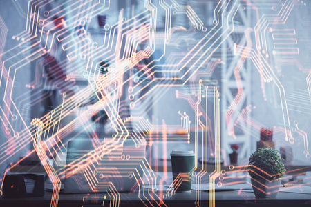 Double exposure of tech theme drawings and office interior background. Technology concept.の写真素材