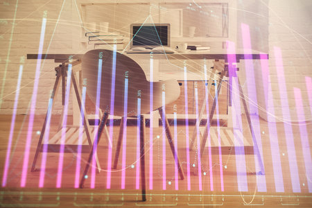 Multi exposure of financial graph drawing and office interior background. Concept of market analysis.の写真素材