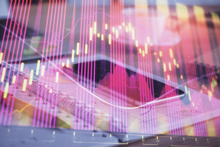 Double exposure of forex chart drawing and cell phone background. Concept of financial data analysisの写真素材