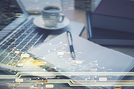 Multi exposure of technology theme drawing and desktop with coffee and items on table background. Concept of data research.の写真素材
