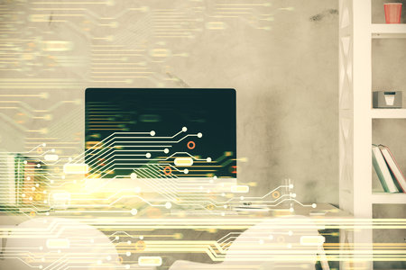 Multi exposure of data theme drawing and office interior background. Concept of technology.の写真素材