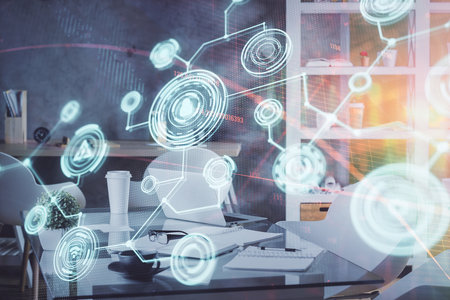 Double exposure of social network theme drawing and office interior background. Concept of web.の写真素材