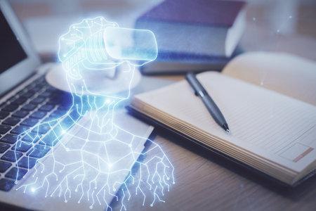 Double exposure of vr glasses drawing and desktop with coffee and items on table background. Concept of Augmented reality.の写真素材