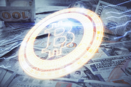 Multi exposure of crypto theme drawing over us dollars bill background. Concept of blockchain success.の写真素材
