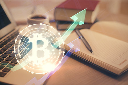 Double exposure of crypto technology drawing and desktop with coffee and items on table background. Concept of blockchainの写真素材