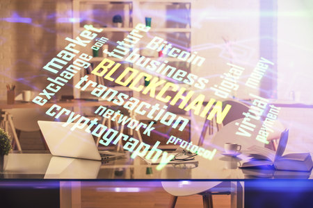 Double exposure of crypto technology theme drawing and office interior background. Concept of blockchain.の写真素材