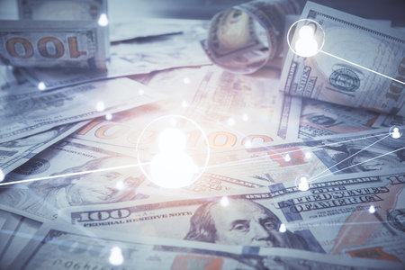 Multi exposure of social network drawing over us dollars bill background. Concept of people connection.の写真素材