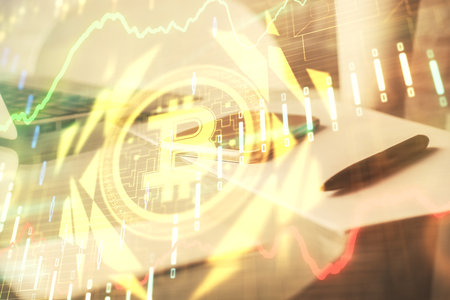 Double exposure of blockchain theme drawing and cell phone background. Concept of crypto marketの写真素材