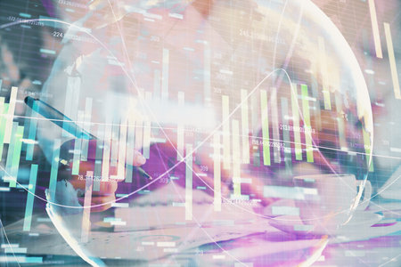 Double exposure of business theme drawing over people taking notes background. Concept of financial worldの写真素材