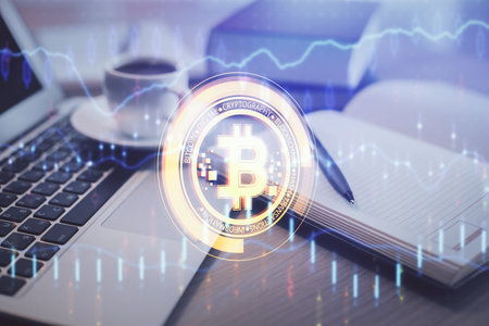 Double exposure of crypto technology drawing and desktop with coffee and items on table background. Concept of blockchainの写真素材