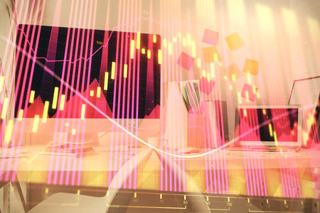 Double exposure of financial graph drawing and office interior background. Concept of stock market.の写真素材