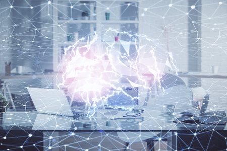Multi exposure of brain drawing and office interior background. Concept of data technology.の写真素材