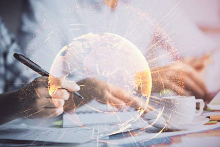 Double exposure of social network theme drawing over people taking notes background. Concept of human connectionの写真素材