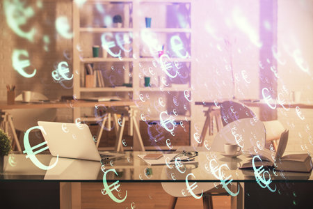 Multi exposure of stock market chart drawing and office interior background. Concept of financial analysis.の写真素材