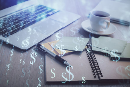 Multi exposure of forex graph drawing and desktop with coffee and items on table background. Concept of financial market tradingの写真素材