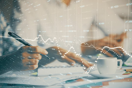 Double exposure of forex graph drawing over people taking notes background. Concept of financial analysisの写真素材