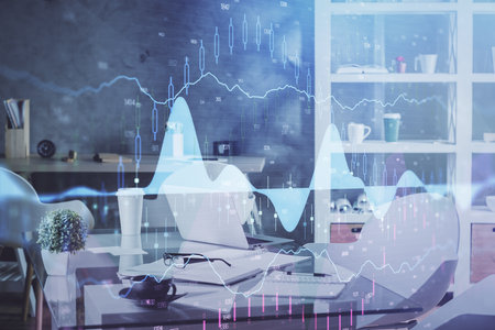 Multi exposure of stock market chart drawing and office interior background. Concept of financial analysis.の写真素材