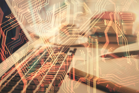 Double exposure of technology theme drawing and desktop with coffee and items on table background. Concept of high tech.の写真素材