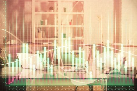 Multi exposure of stock market chart drawing and office interior background. Concept of financial analysis.の写真素材