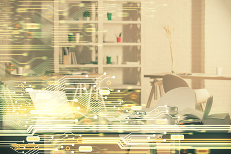 Multi exposure of data theme drawing and office interior background. Concept of technology.の写真素材