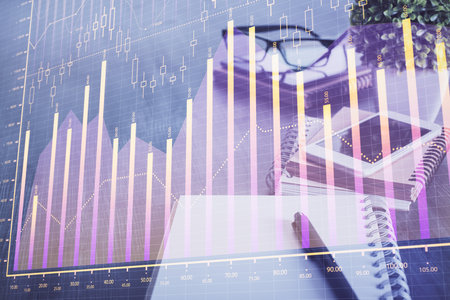 Double exposure of forex chart drawing and cell phone background. Concept of financial tradingの写真素材