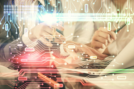 Double exposure of man and woman working together and technology theme drawing hologram. Big data concept. Computer background.の写真素材