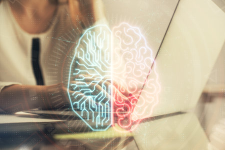 Multi exposure of woman hands working on computer and human brain hologram drawing. Ai tech concept.の写真素材