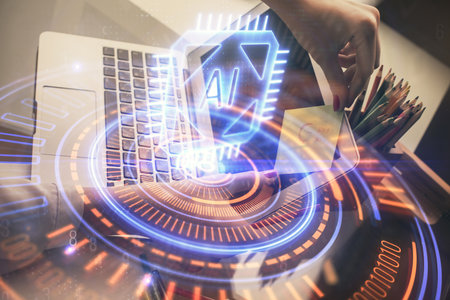 Multi exposure of woman hands working on computer and data theme hologram drawing. Tech concept.の写真素材