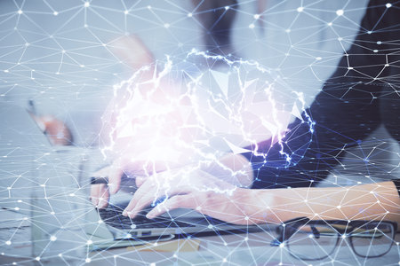 Multi exposure of woman hands working on computer and brain hologram drawing. Ai concept.の写真素材