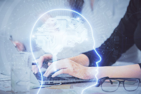 Multi exposure of woman hands working on computer and brain hologram drawing. Ai concept.の写真素材