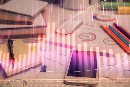 Double exposure of forex chart drawing and cell phone background. Concept of financial data analysisの写真素材
