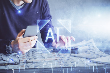 Double exposure of man's hand holding and using a digital device and data theme drawing. Technology concept.の写真素材
