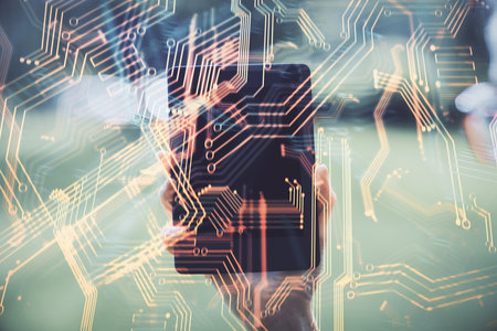 Double exposure of tech icon hologram and woman holding and using a mobile device. Technology...