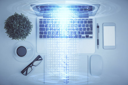 Double exposure of data drawing hologram over topview of study desk background with computer. Concept of Ai.の写真素材