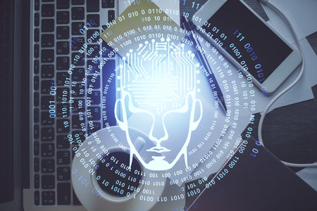 Multi exposure of brain sketch hologram over topview work table background with computer. Concept of big data.の写真素材
