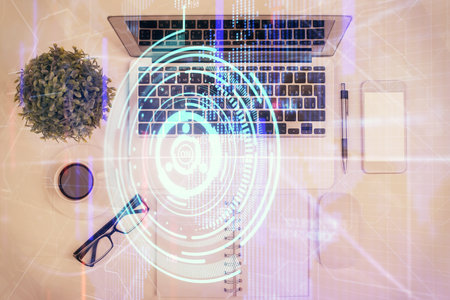 Double exposure of data drawing hologram over topview of study desk background with computer. Concept of Ai.の写真素材