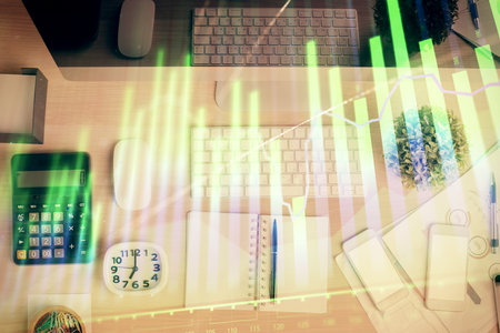 Multi exposure of forex graph drawing over desktop background with computer. Concept of financial analysis. Top view.の写真素材