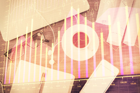 Multi exposure of forex graph drawing over desktop background with computer. Concept of financial analysis. Top view.の写真素材