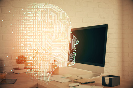 Double exposure of brain drawing and office interior background. Concept of data technology.の写真素材