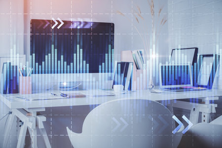 Double exposure of stock market graph drawing and office interior background. Concept of financial analysis.の写真素材