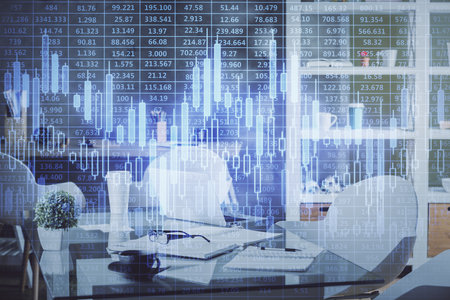 Multi exposure of stock market chart drawing and office interior background. Concept of financial analysis.の写真素材