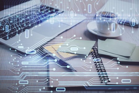 Multi exposure of technology theme drawing and desktop with coffee and items on table background. Concept of data research.の写真素材