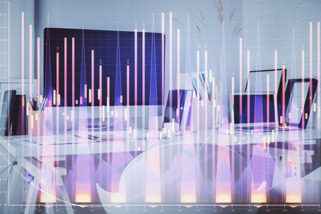 Double exposure of stock market graph drawing and office interior background. Concept of financial analysis.の写真素材