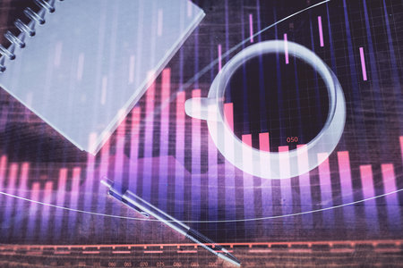 Multi exposure of forex chart drawing and work table top veiw. Concept of financial analysis.の写真素材