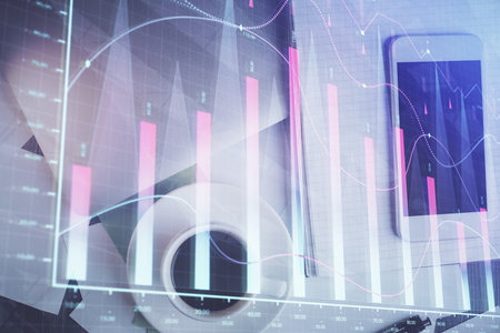 Multi exposure of forex graph hologram over desktop with phone. Top view. Mobile trade platform concept.の写真素材