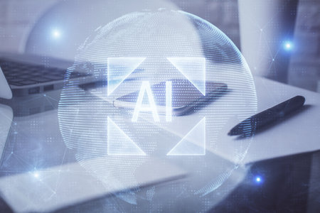 Double exposure of data theme drawing and mobile phone background. Concept of innovationの写真素材