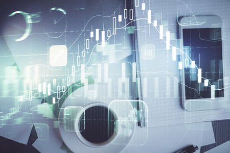 Multi exposure of forex graph hologram over desktop with phone. Top view. Mobile trade platform concept.の写真素材