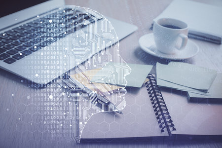 Double exposure of brain drawing and desktop with coffee and items on table background. Concept of research.の写真素材