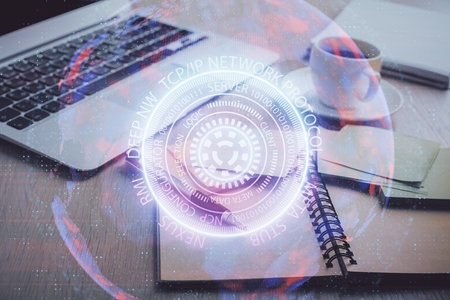 Double exposure of technology theme drawing and desktop with coffee and items on table background. Concept of high tech.の写真素材